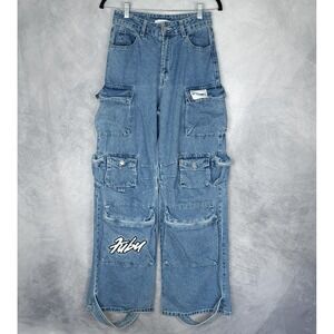 Fubu Forever Cargo Denim Pants Womens Small Blue Baggy Wide Leg 90s Hip Hop Y2K